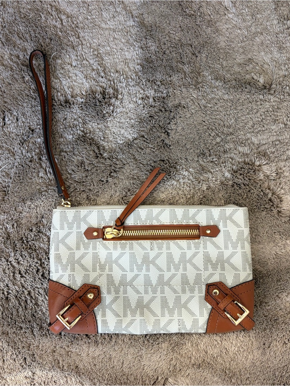 Michael Kors Cream Logo Wristlet with Brown Leather Trim